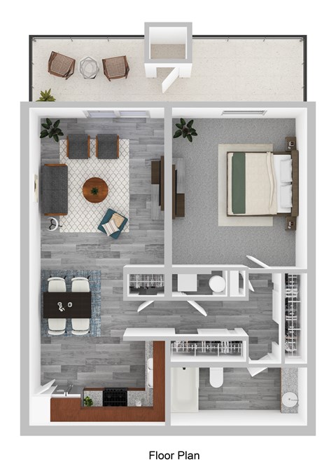 Floor plan for 1 bed, 1 bath, 740 sqft